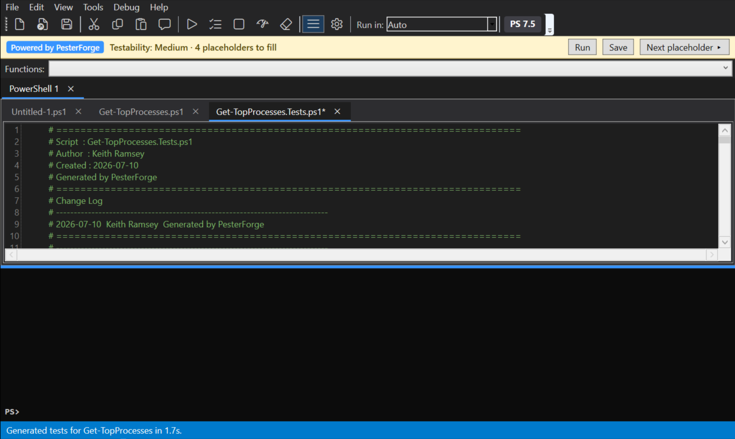 DetentShell showing a generated Pester test tab with the Powered by PesterForge banner: Testability Medium, 4 placeholders to fill, with Run, Save, and Next placeholder buttons.