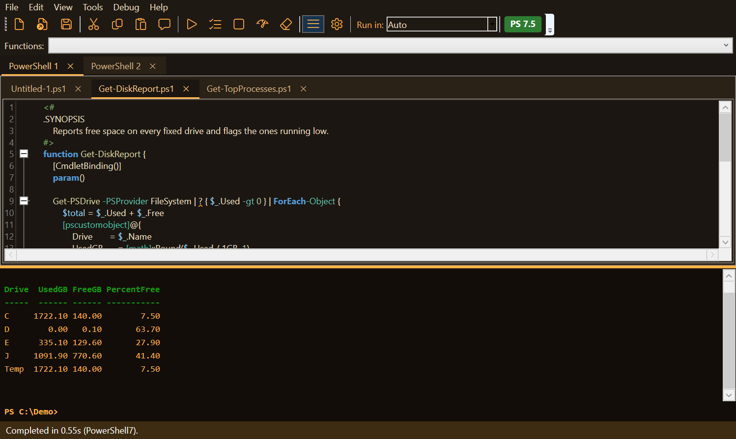 DetentShell in the Amber Glow theme: warm dark editor with amber console text reminiscent of a CRT terminal, showing the drive report.