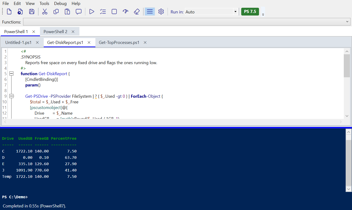 DetentShell in the Classic Console theme: white editor above a navy-blue console with white text, the familiar Windows PowerShell color combination.
