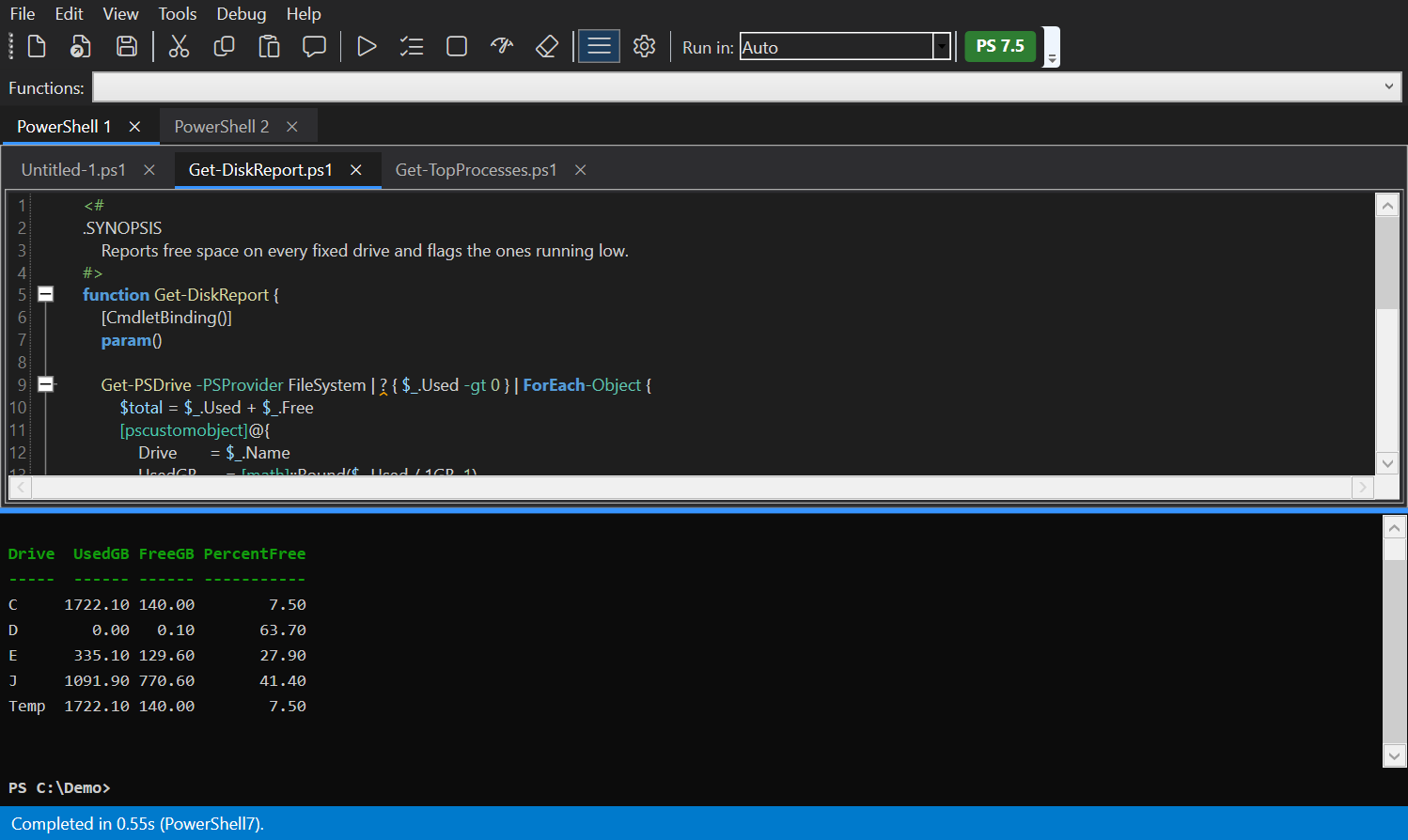 DetentShell in the Dark theme: near-black editor with light-gray text, a yellow PSScriptAnalyzer squiggle under a cmdlet alias, and console output on a near-black background.