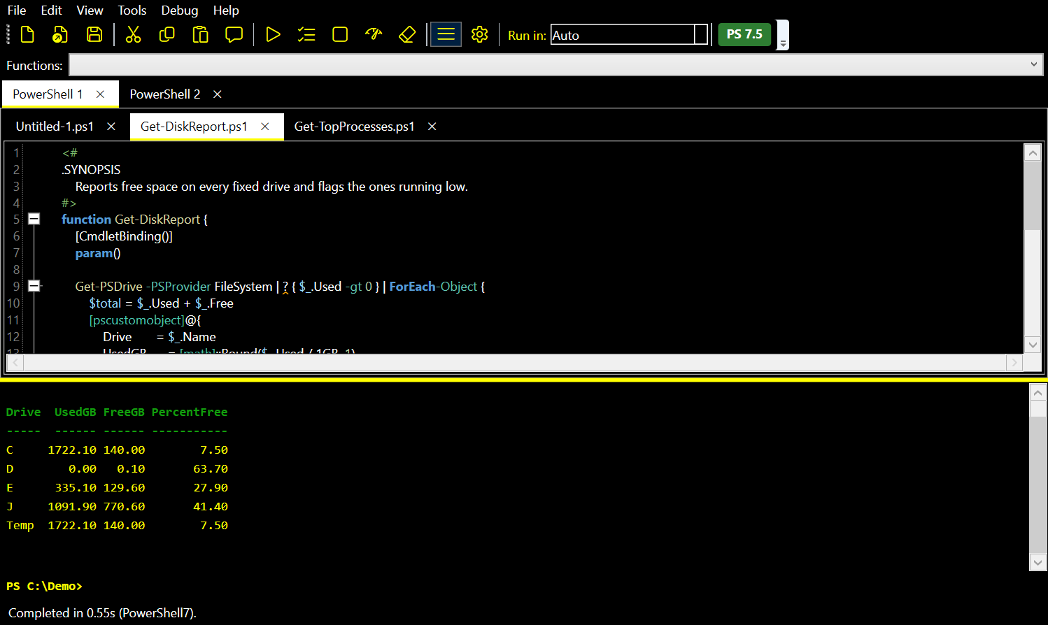 DetentShell in the High Contrast theme: black editor with white text and a yellow-on-black console with a bright yellow status bar, tuned for accessibility.