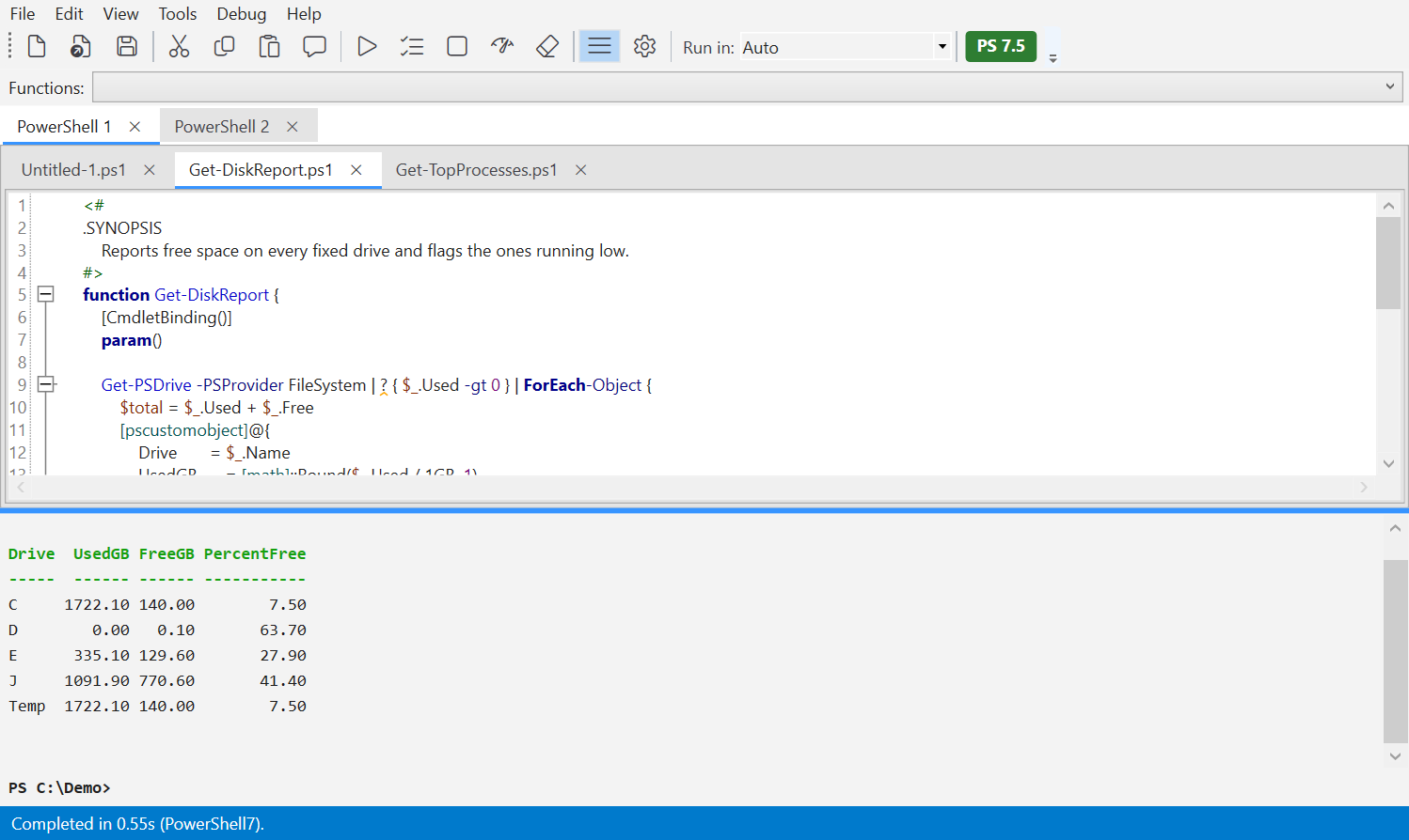 DetentShell in the Light theme: white editor with dark syntax-highlighted text and a light-gray console showing the drive report.