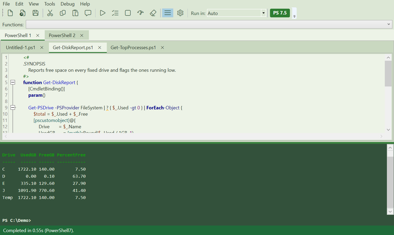 DetentShell in the Sage theme: a PowerShell script open in the editor with a pale sage-green background, syntax highlighting, and real drive-report output in a deep forest-green console below.