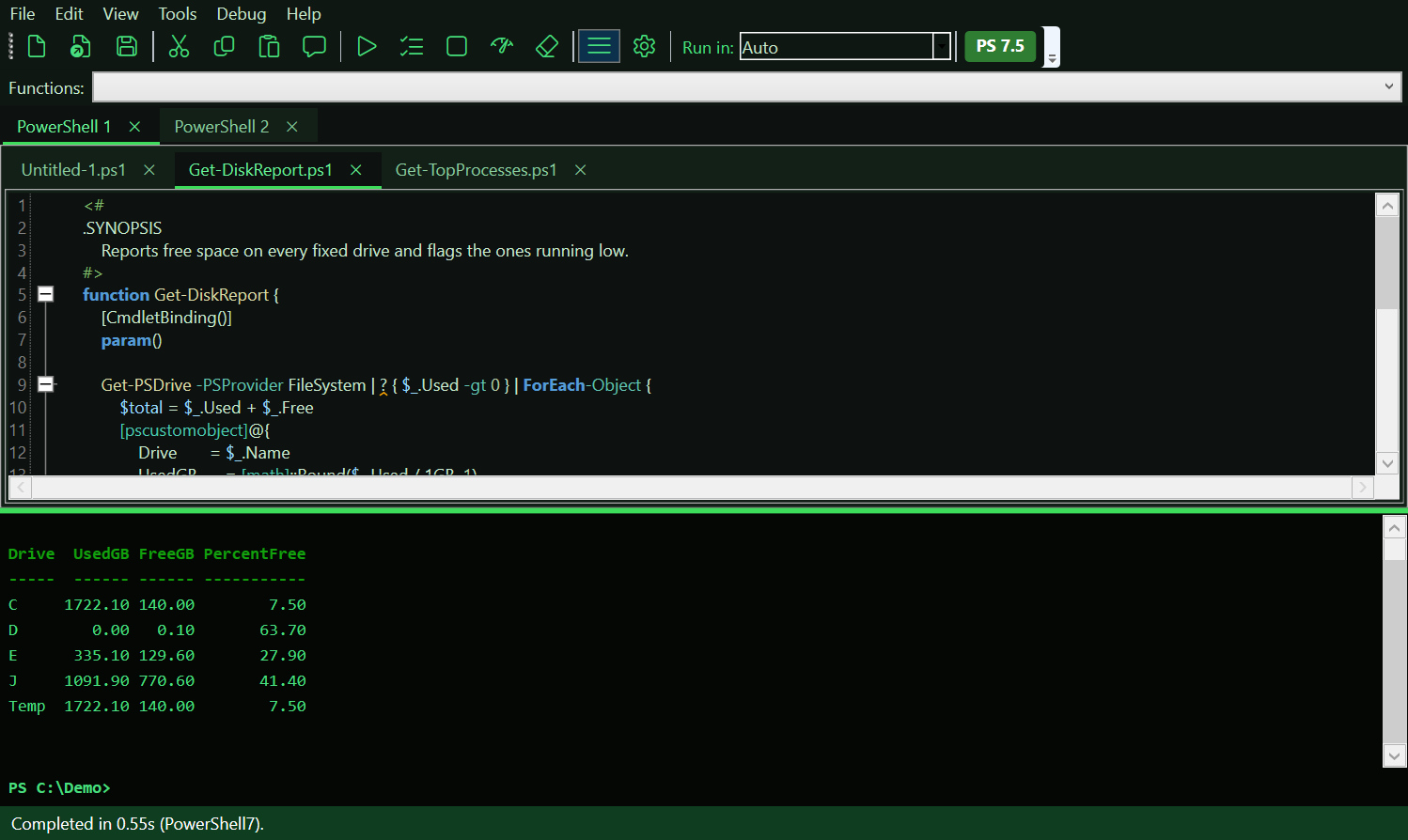 DetentShell in the Terminal Green theme: near-black editor with a phosphor-green console echoing an old terminal, showing the drive-report output.